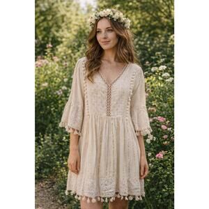 Women's Cream Boho Dress Lace Gold Ribbon Sz XL Renaissance Babydoll Fairycore